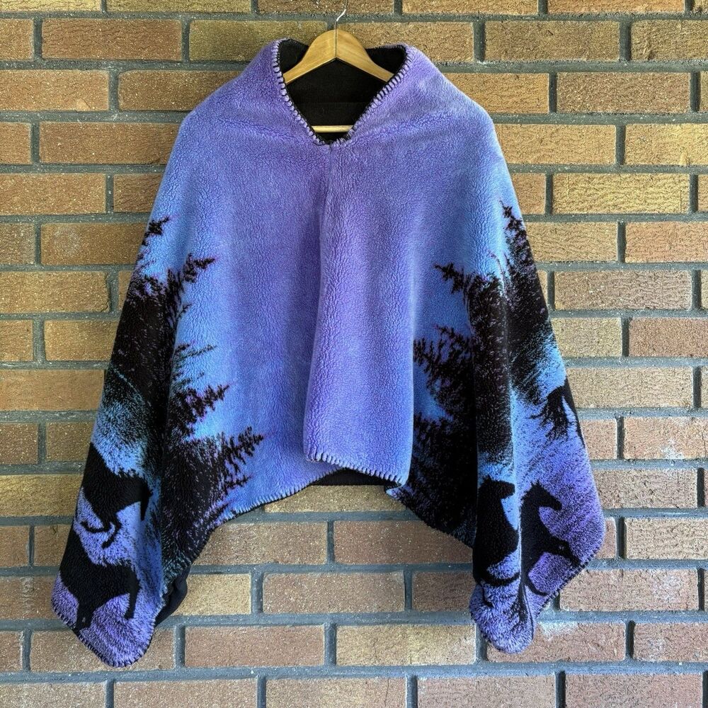 Black Mountain Purple Horse Scenic Fleece Blanket Poncho Large USA Outdoor